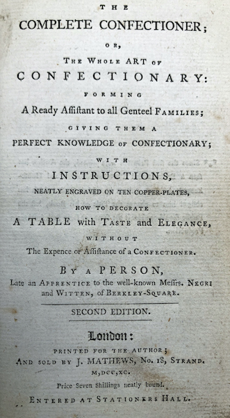 Title page of The Complete Confectioner (London, 1789)