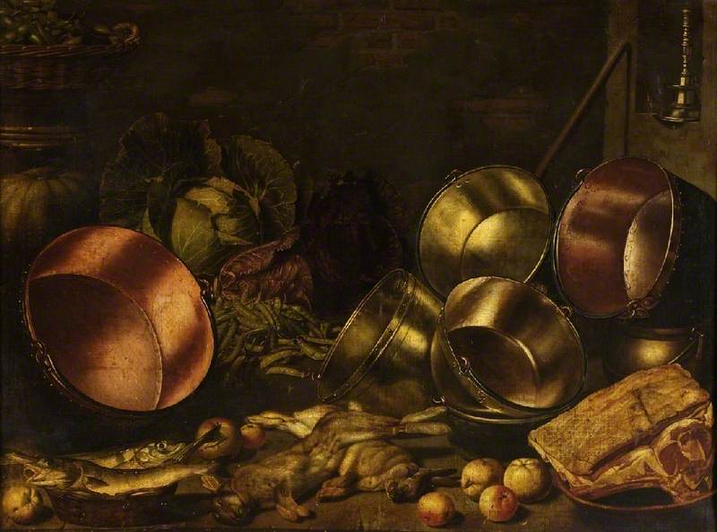 Kitchen utensils, meat and vegetables.