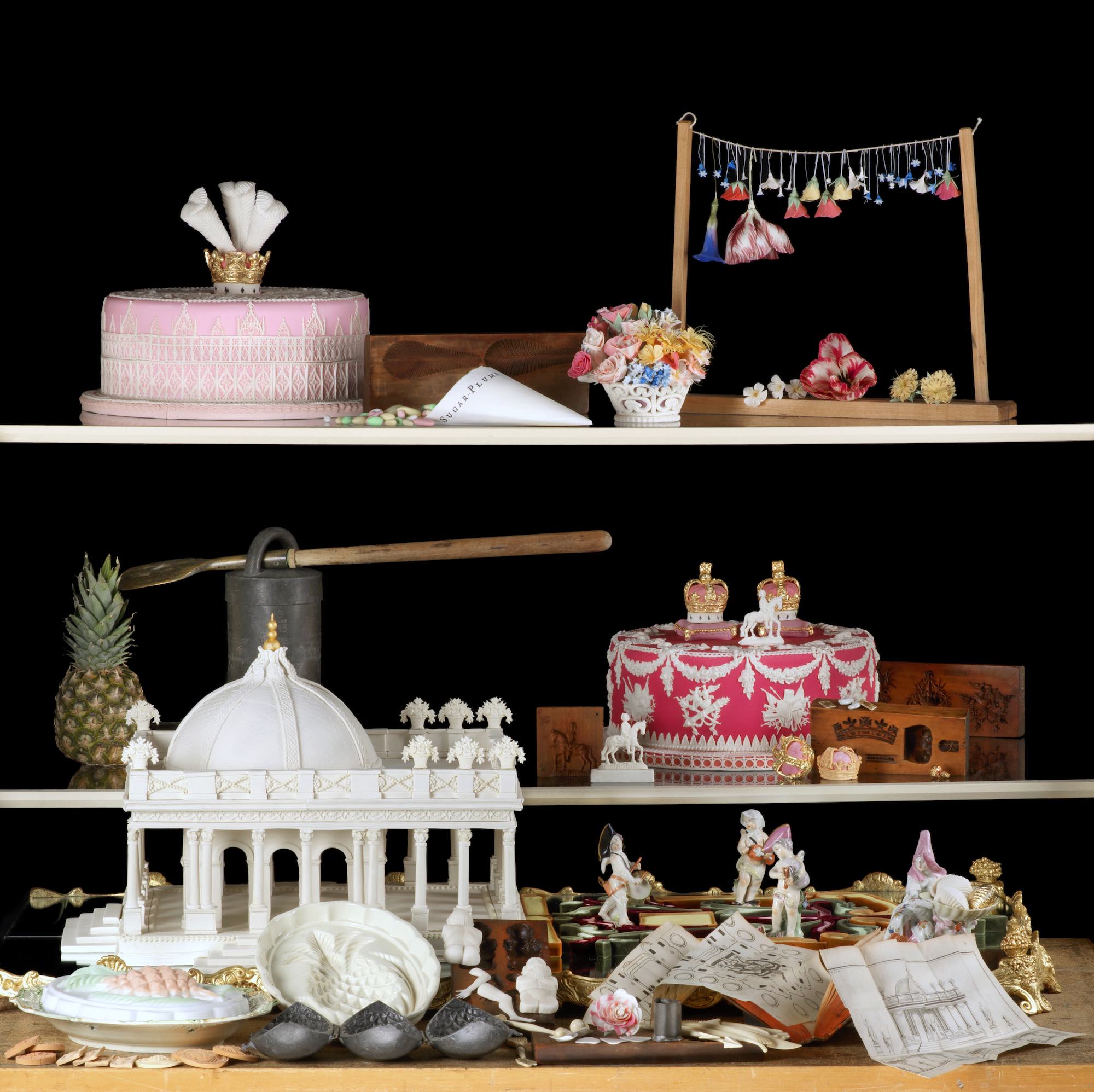 A view of an English 18th-century confectioner’s shop window and workspace the sugar banquet.